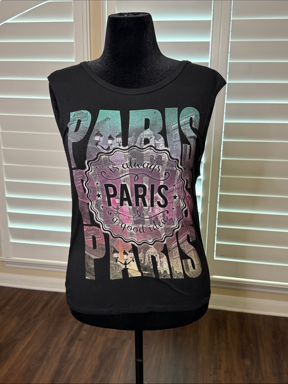 a'gaci Black Paris Graphic Muscle Tank with Teal and Pink Print